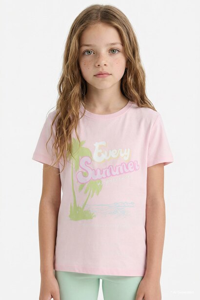 T-shirt imprimé à col rond et manches courtes pour fille