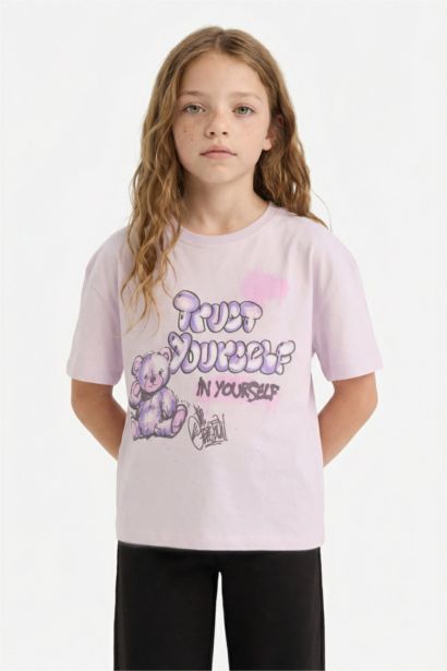 تيشيرت بناتي نص ردن بطبعة شعار قصة مريحة