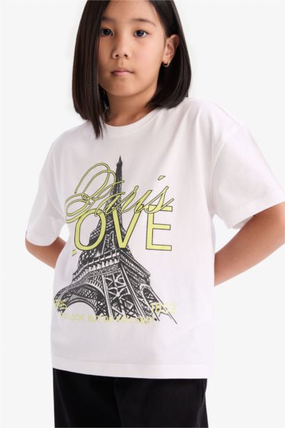 Relax Fit Bisiklet Yaka Baskılı Kısa Kollu Tişört Kız Çocuk