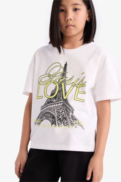 Relax Fit Bisiklet Yaka Baskılı Kısa Kollu Tişört Kız Çocuk