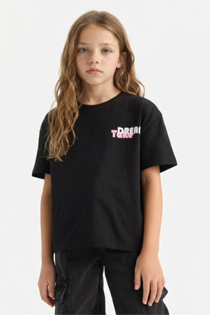 T-shirt imprimé au dos à col rond et coupe décontractée pour fille