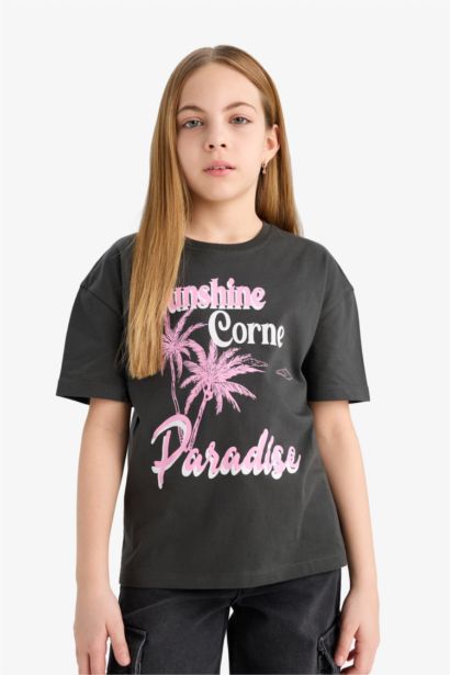 تيشيرت بناتي نص ردن بطبعة شعار قصة مريحة