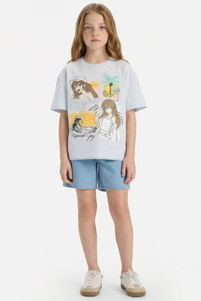 Girl Oversize Fit Crew Neck Printed Short Sleeve T-Shirt