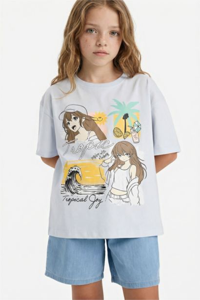 Girl Oversize Fit Crew Neck Printed Short Sleeve T-Shirt