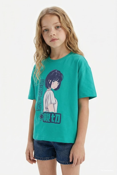 Girl Oversize Crew Neck Slogan Printed T-Shirt
