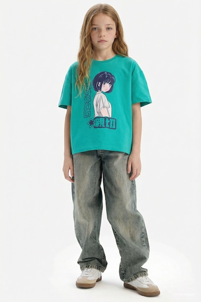 Girl Oversize Crew Neck Slogan Printed T-Shirt