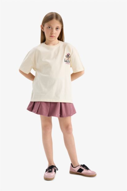 Oversize Geniş Kalıp Bisiklet Yaka Sırt Baskılı Kısa Kollu Tişört Kız Çocuk