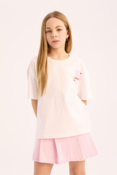 تيشيرت بناتي نص ردن بطبعة شعار اوفر سايز