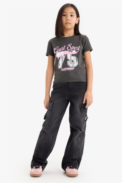 Slim Fit Dar Kesim Bisiklet Yaka Ribana Kısa Kollu Tişört Kız Çocuk
