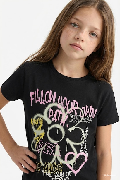 T-shirt imprimé à col rond et manches courtes pour fille