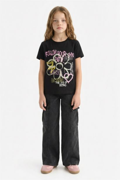 Футболка для девочки с круглым вырезом и рисунком, короткий рукав