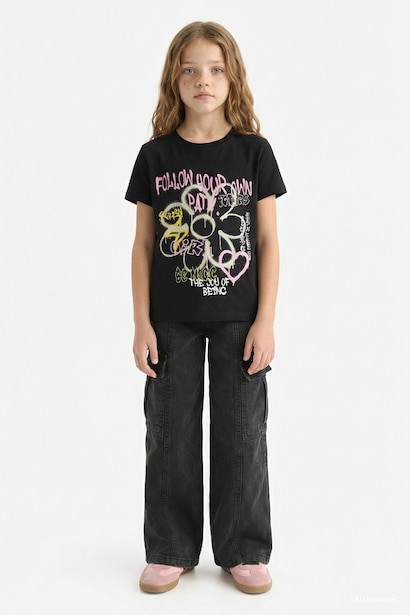 T-shirt imprimé à col rond et manches courtes pour fille
