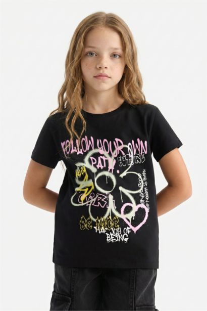 Футболка для девочки с круглым вырезом и рисунком, короткий рукав