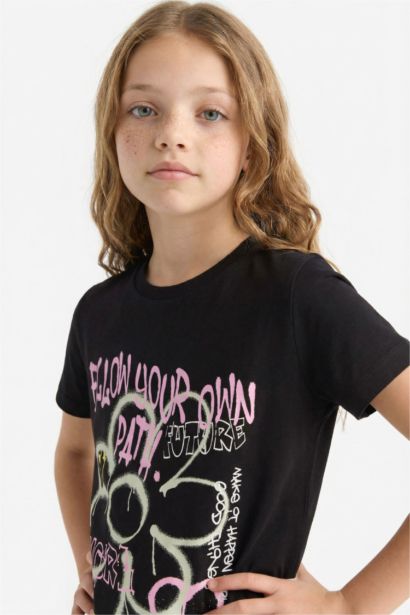 Футболка для девочки с круглым вырезом и рисунком, короткий рукав