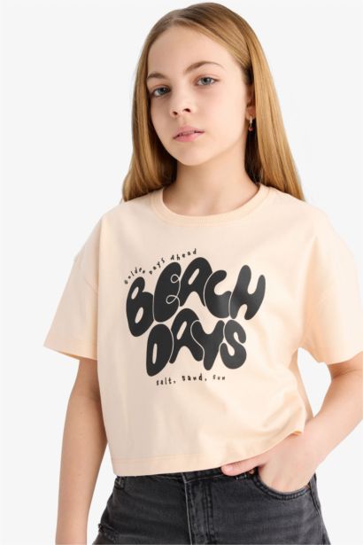 Bisiklet Yaka Baskılı Kısa Kollu Tişört Kız Çocuk