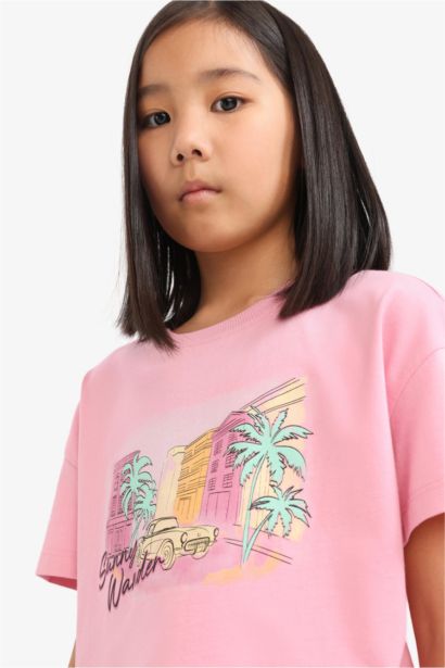 Bisiklet Yaka Baskılı Kısa Kollu Tişört Kız Çocuk