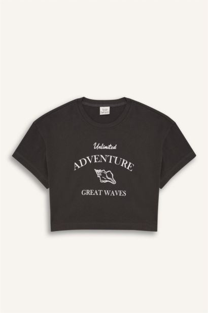 Crop Bisiklet Yaka Baskılı Kısa Kollu Tişört Kız Çocuk