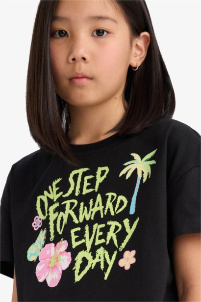 Girl Crew Neck Printed Short Sleeve Crop T-Shirt