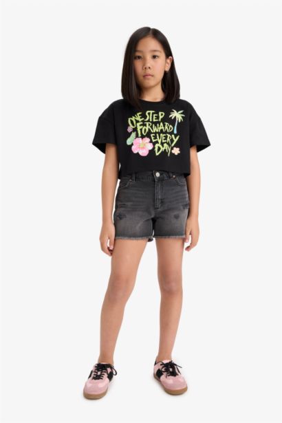 Girl Crew Neck Printed Short Sleeve Crop T-Shirt