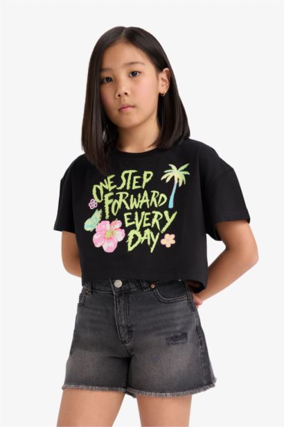 Girl Crew Neck Printed Short Sleeve Crop T-Shirt