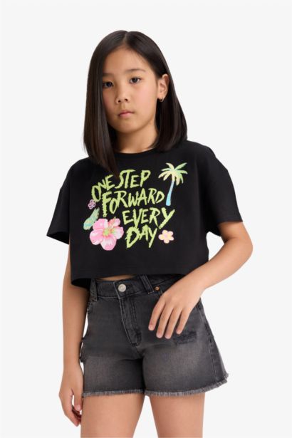 Girl Crew Neck Printed Short Sleeve Crop T-Shirt