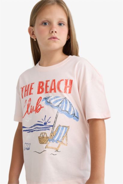 Relax Fit Palmiye Baskılı Bisiklet Yaka Kısa Kollu Tişört Kız Çocuk