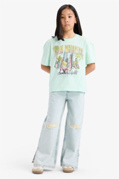 Relax Fit Bisiklet Yaka Baskılı Kısa Kollu Tişört Kız Çocuk