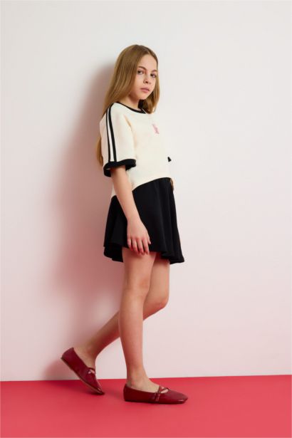 2'li Takım Bisiklet Yaka Baskılı Kısa Kollu Tişört Etek Kız Çocuk