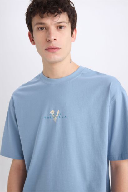 T-shirt Boxy en coton imprimé au dos Vikings Valhalla à col rond