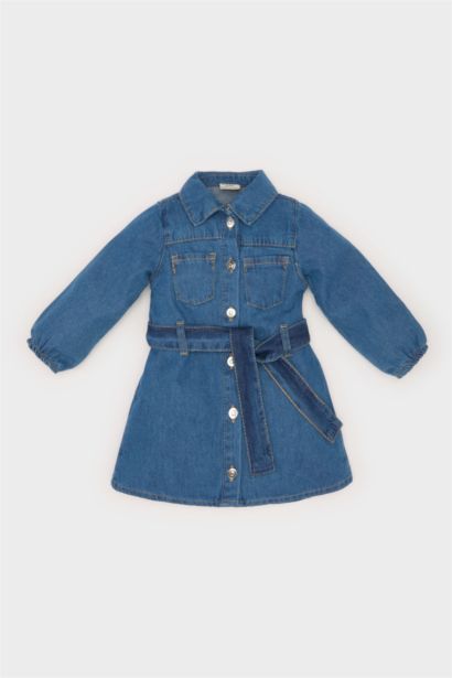 Baby Girl Shirt Collar Belted Denim Dress