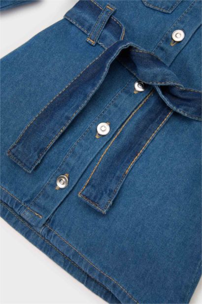 Baby Girl Shirt Collar Belted Denim Dress