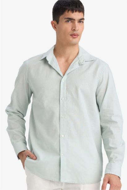 قميص كم طويل من كتان قصة عادية برقبة بولو