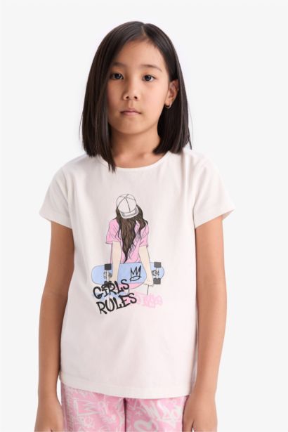 Пижама для девочек с принтом, с коротким рукавом и длинными брюками