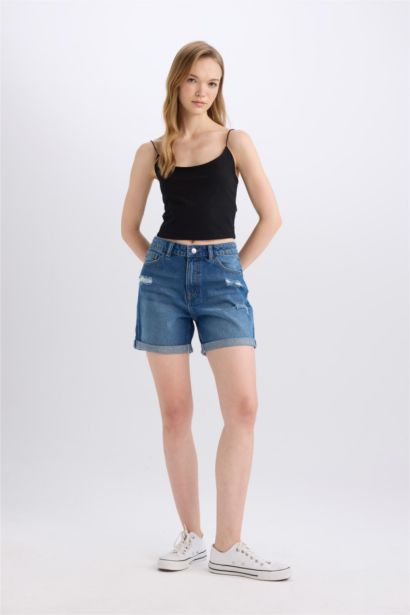 Boyfriend High Waist Folded Leg Denim Shorts