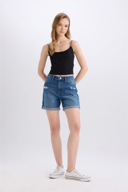 Boyfriend High Waist Folded Leg Denim Shorts