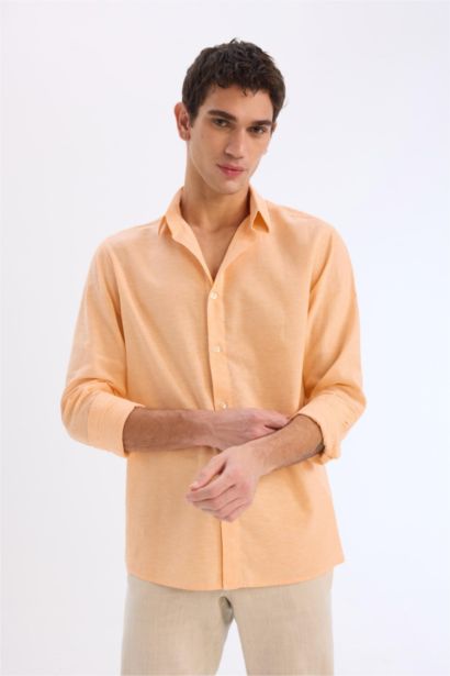 Regular Fit Polo Yaka Keten Karışımlı Yazlık Uzun Kollu Gömlek