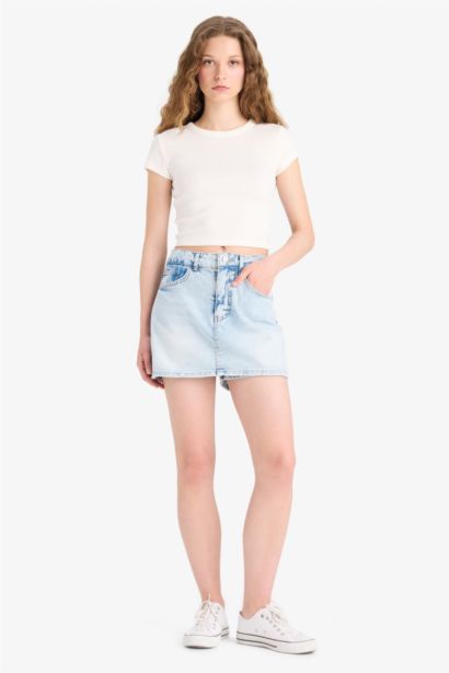 High Waist Washed Pocketed Denim Skort