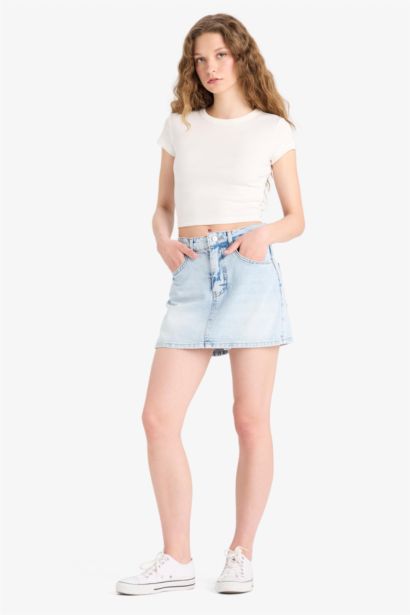 High Waist Washed Pocketed Denim Skort
