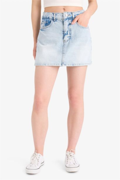 High Waist Washed Pocketed Denim Skort