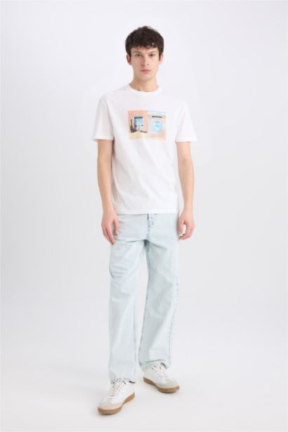 تيشيرت نص كم مطبوع قصة عادية برقبة مستديرة