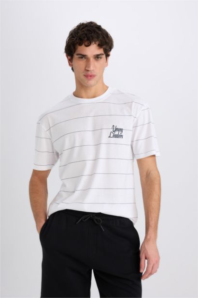 تيشيرت قطن اوفر سايز نص كم مطبوع برقبة مستديرة