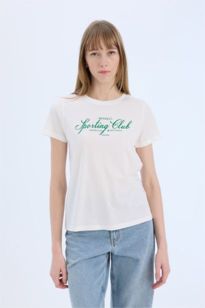 تيشيرت نص ردن بطبعة شعار قصة عادية بياخة مستديرة