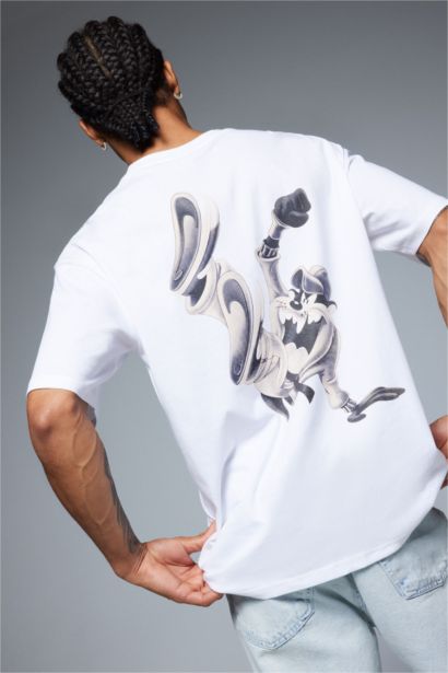 %100 Pamuk Looney Tunes Boxy Fit Bisiklet Yaka Sırt Baskılı Kısa Kollu Tişört