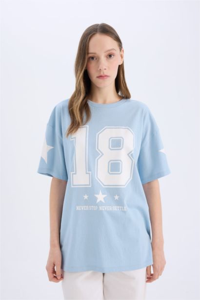 تيشيرت نص كم اوفر سايز مطبوع  برقبة مستديرة