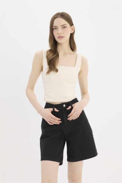 Normal Waist Denim Bermuda Shorts