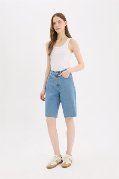 High Waist Denim Bermuda Shorts