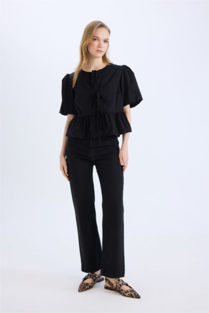 Pantalon Jean droit délavé à taille haute et longueur cheville