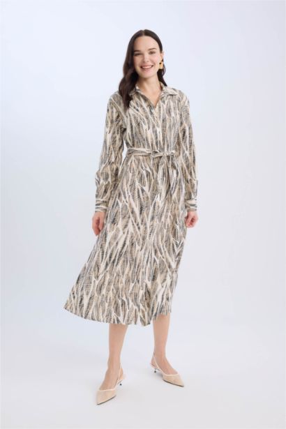 Regular Fit Patterned V Neck Belted Maxi Dress