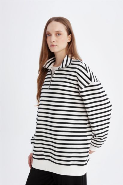 Relax Fit Dik Yaka Fermuarlı Çizgili İçi Yumuşak Tüylü Kalın Sweatshirt Tunik