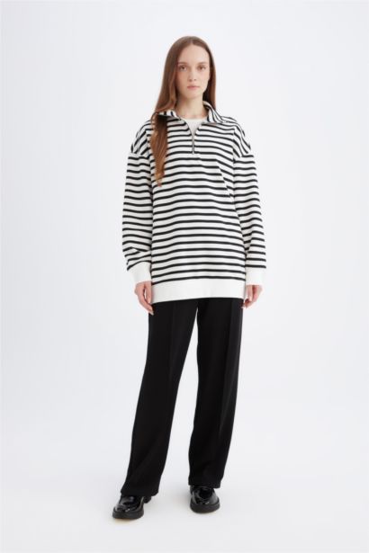 Relax Fit Dik Yaka Fermuarlı Çizgili İçi Yumuşak Tüylü Kalın Sweatshirt Tunik